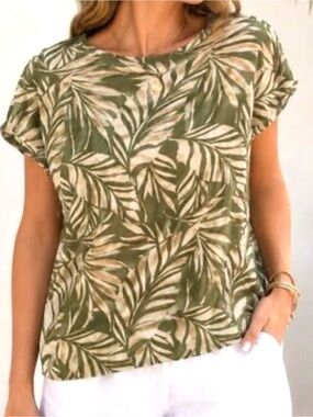 Tahari Leaf print linen top Green white Womens M Tropical Resort Lightweight